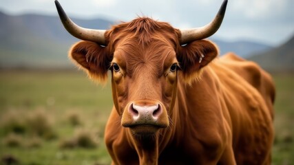 horned cow looking at camera close up