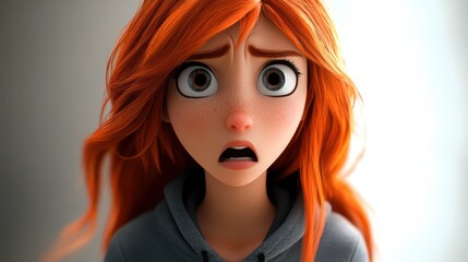 A young adult woman with ginger hair is depicted in a 3D cartoon style, showing a terrified, shocked, and scared expression.