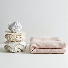 Obraz premium simple minimalist pink fabric with crumpled paper on white background
