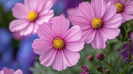 A cluster of pink cosmos flowers, with soft, delicate petals, contrasts against a watercolor-like background of blues and purples