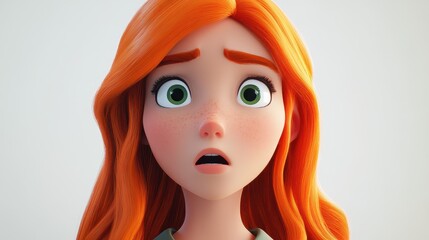 A young adult woman with ginger hair is depicted in a 3D cartoon style, showing a terrified, shocked, and scared expression.