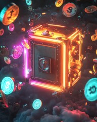A glowing digital safe surrounded by colorful coins, representing concepts of cryptocurrency and security in a vibrant, futuristic style.