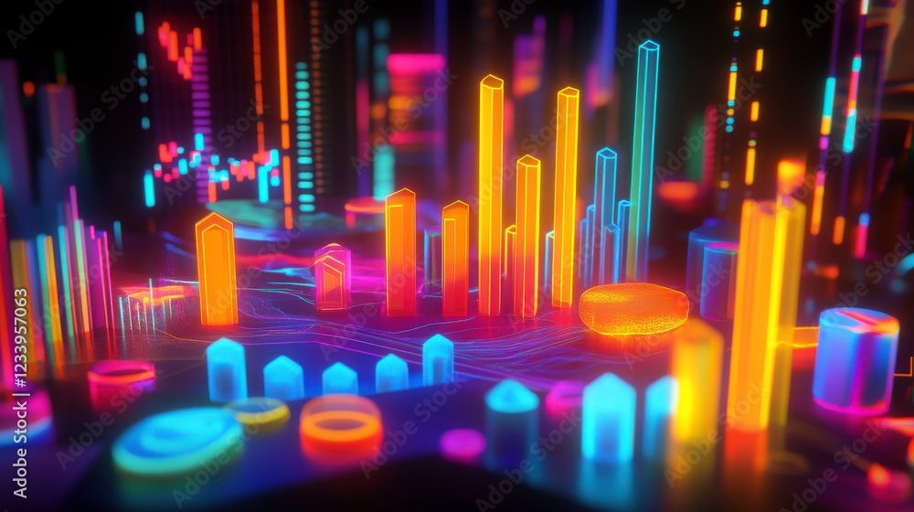Poster a vibrant, abstract 3d visualization of data represented by glowing geometric shapes in various colo