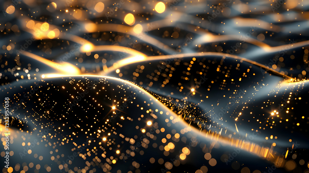 Poster abstract depiction of shimmering waves with golden sparkles and a dynamic flow.