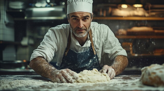 baker smiling and looking the camera while kneading bread dough in a bakery.