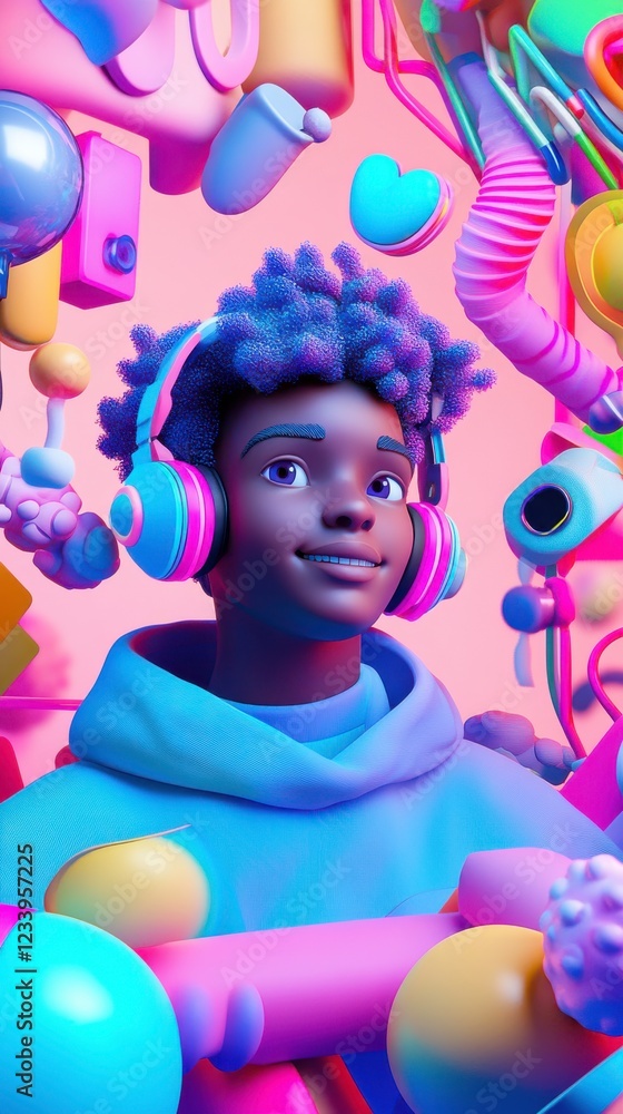 Poster a colorful, digital artwork featuring a smiling character with headphones, surrounded by vibrant sha