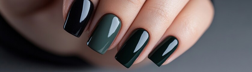 Toenails feature bold matte shades of black and deep green, enhanced with glossy accents and minimalist geometric designs, stylishly displayed on a neutral-toned surface