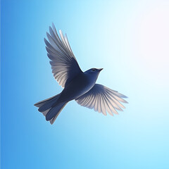 Obraz premium Soaring Serenity: A solitary bird, its wings spread in a graceful arc, takes flight against the backdrop of a radiant, azure sky, evoking feelings of freedom and tranquility.