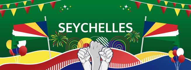 Seychelles Independence Day modern greeting banner. 29 June Happy National Day. Holidays abstract concept in flag colors. Great for event like carnival, feast poster, support, culture and tourism