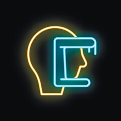 Blue neon icon of a microchip replacing part of a human head drawn with a yellow line on a black background