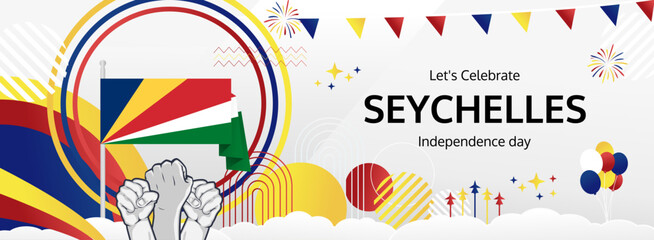 Seychelles Independence Day modern greeting banner. 29 June Happy National Day. Holidays abstract concept in flag colors. Great for event like carnival, feast poster, support, culture and tourism