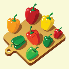 green, red, and yellow bell peppers on the cutting board. Bell peppers in Cartoon style. Vector illustration