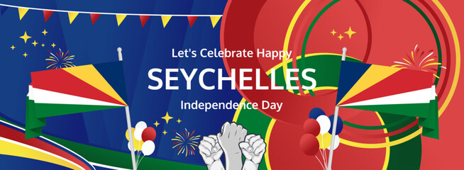 Seychelles Independence Day modern greeting banner. 29 June Happy National Day. Holidays abstract concept in flag colors. Great for event like carnival, feast poster, support, culture and tourism