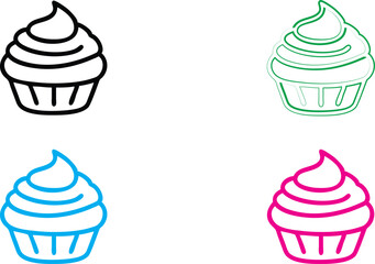 Minimalist cupcake icons, colorful outlines, simple geometric shapes, black green blue pink designs, vector graphics style, clean lines, stylized dessert illustrations, bakery logo concept, four cupca