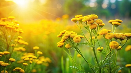 Fototapeta premium Warm sunlight highlights delicate, fluffy yellow tansy flowers in a lush green meadow, surrounded by soft grasses and wildflowers on a serene summer day , fluffy yellow tansy, summer