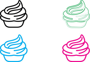 Minimalist cupcake icons, colorful outlines, simple geometric shapes, black green blue pink designs, vector graphics style, clean lines, stylized dessert illustrations, bakery logo concept, four cupca