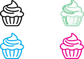 Minimalist cupcake icons, colorful outlines, simple geometric shapes, black green blue pink designs, vector graphics style, clean lines, stylized dessert illustrations, bakery logo concept, four cupca
