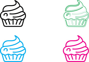 Minimalist cupcake icons, colorful outlines, simple geometric shapes, black green blue pink designs, vector graphics style, clean lines, stylized dessert illustrations, bakery logo concept, four cupca