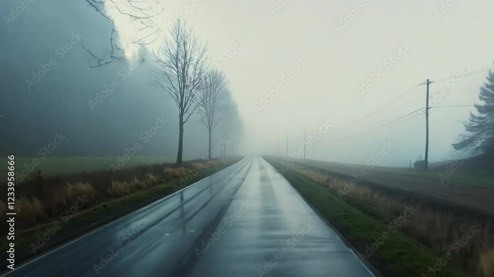 Poster a road with trees on both sides and a foggy sky. the road is wet and there is a car driving down it