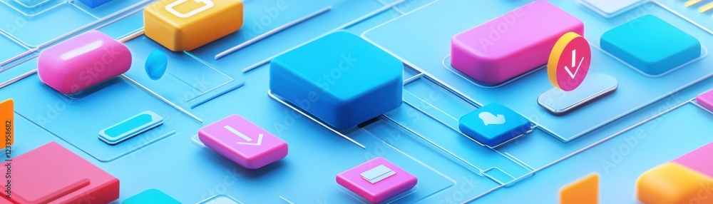 Poster a vibrant, abstract design featuring colorful geometric shapes and buttons on a blue background, rep