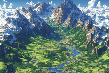 A breathtaking landscape featuring mountains, valleys, and rivers under a blue sky.