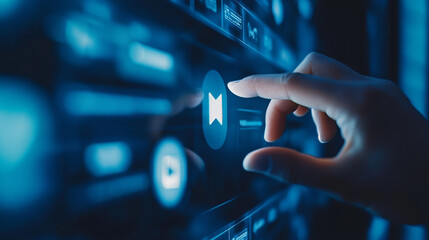 Hands man push start button on touch screen to run video clip