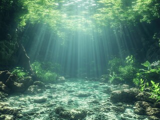 Fototapeta premium Sunbeams Illuminate Underwater River