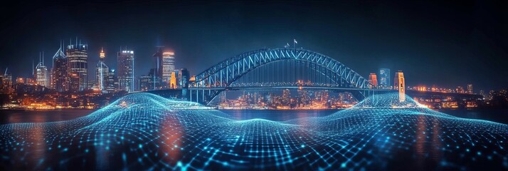 Sydney City Skyline At Night With Digital Network Connecting the Modern City, Sydney, Australia