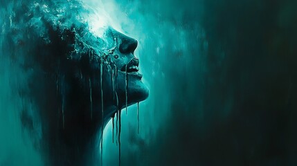 Fototapeta premium Mysterious Woman Dripping Teal Liquid Ethereal Moody Portrait. AI Generated
