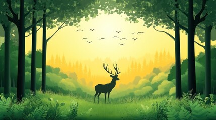 Fototapeta premium Majestic deer in sunlit forest clearing, birds flying, nature poster