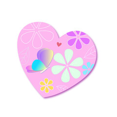  Heart shape, isolated on white background. Sweet colored heart with floral pattern and flying butterflies. Natural style. Use for decorating cards and illustrations. with clipping part.
