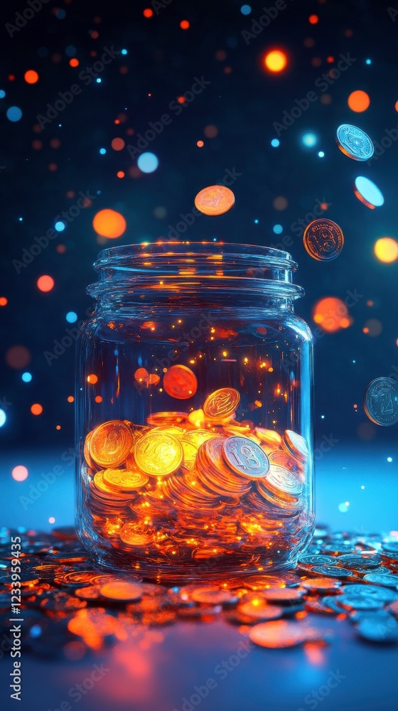 Poster a jar filled with glowing coins, surrounded by colorful bokeh lights, creates a magical and enchanti