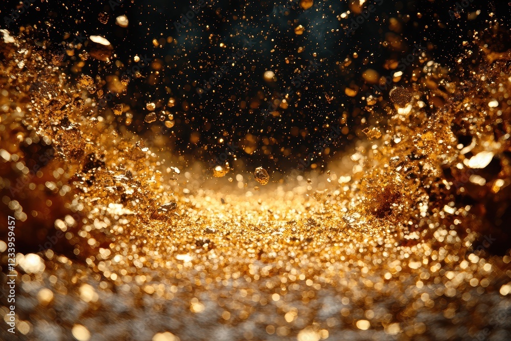Poster a mesmerizing display of shimmering golden particles in motion.