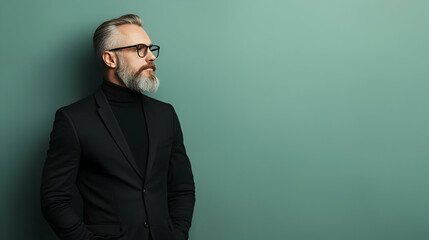Obraz premium Mature man, pensive gaze, teal background, corporate portrait, website banner