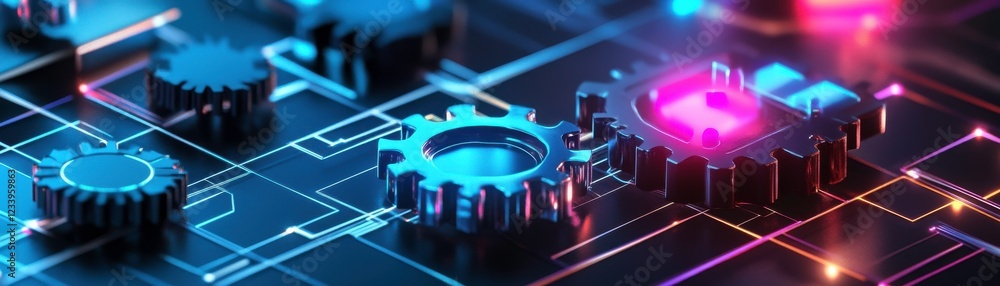 Poster a futuristic design featuring glowing gears on a circuit board, illustrating the intersection of tec