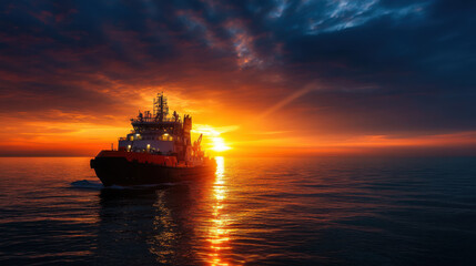 Fototapeta premium stunning offshore supply vessel sailing at sunrise, reflecting vibrant colors on water