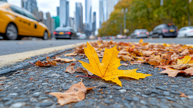 Yellow maple leaf lies on the asphalt street with a blurred New York City taxi and skyscrapers in the background during autumn.