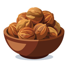 Walnut in brown bowl isolated on white. Vector flat illustration of nuts. Organic food icon.