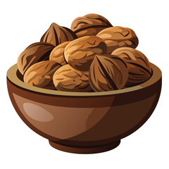 Walnut in brown bowl isolated on white. Vector flat illustration of nuts. Organic food icon.