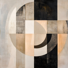 Geometric Harmony: A stunning display of balance and contrast, with geometric shapes, textures and patterns. The artwork uses a muted palette to create a sense of harmony.