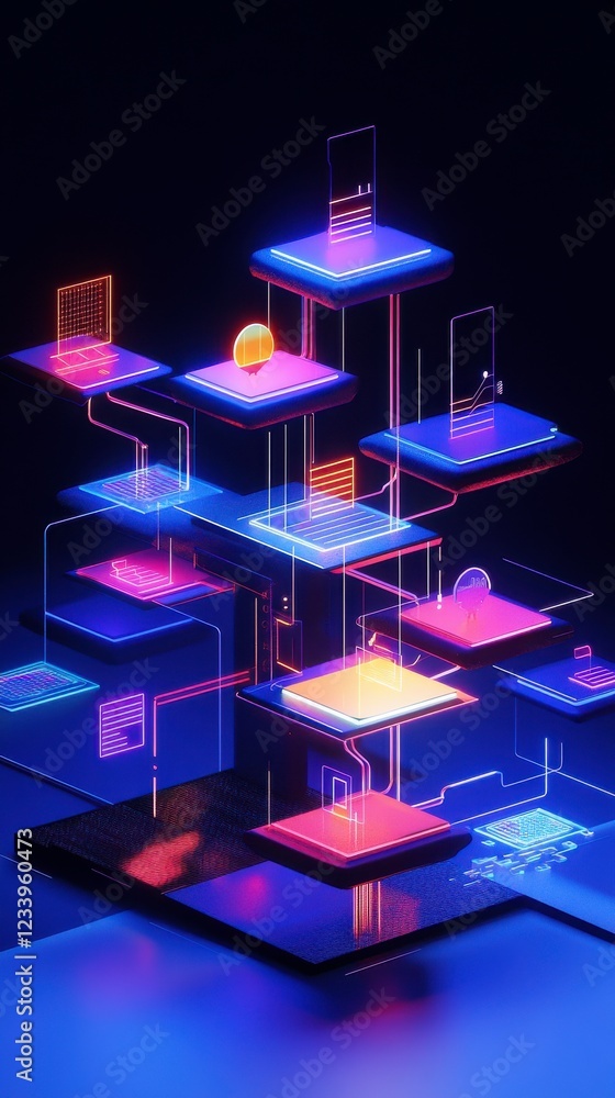 Poster a vibrant, futuristic digital structure with glowing layers and geometric shapes, combining neon col