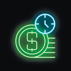 Obraz premium Neon sign is glowing in the dark, showing a dollar coin and a clock, representing the concept of fast money transfer