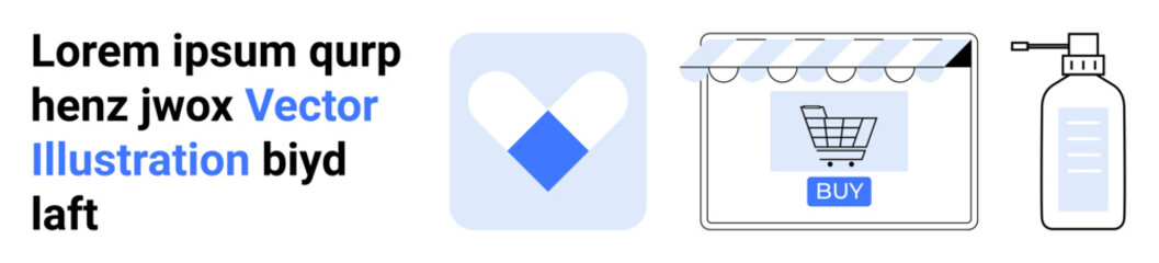 Heart app icon, e-commerce storefront with shopping cart and buy button, and product bottle. Ideal for online shopping, technology, mobile apps, digital marketing, retail, health flat landing page