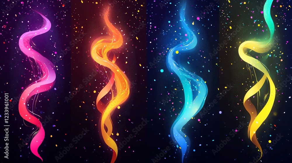 Poster colorful ribbon effect on dark background with speckled light effect, abstract image, dynamic flow d