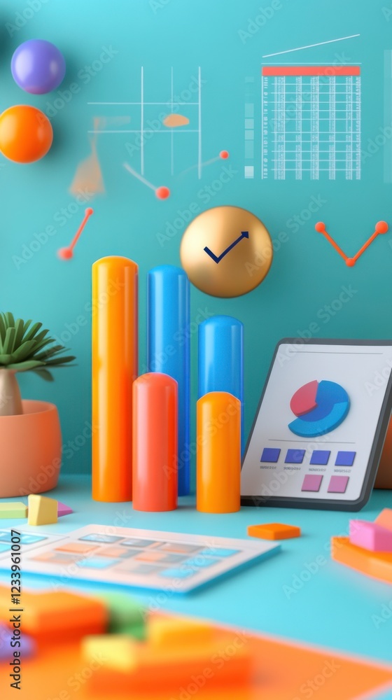 Poster a vibrant workspace featuring colorful bar graphs, charts, and a clock, emphasizing productivity and