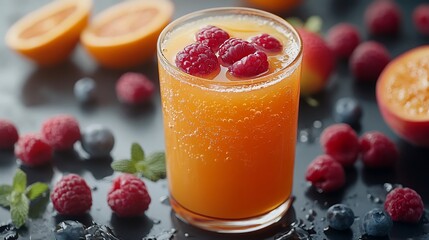 Refreshing orange beverage garnished with raspberries and mint, surrounded by fruits