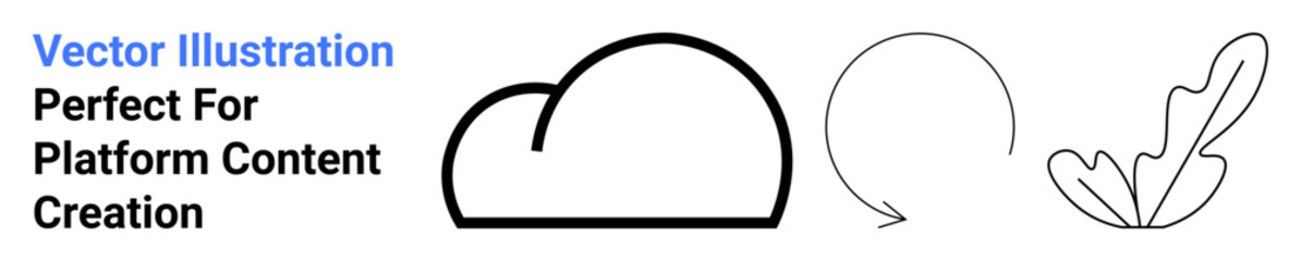 Simple cloud shape, circular arrow, and plant leaf outline promoting eco-friendliness, sustainability, and modern technology. Ideal for cloud computing, renewable energy, recycling, environment