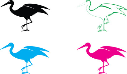 Stylized heron silhouettes, minimalist bird illustrations, black blue green pink colors, white background, vector graphic style, clean lines, simplified shapes, standing pose, long legs and necks, gra © stocklancer
