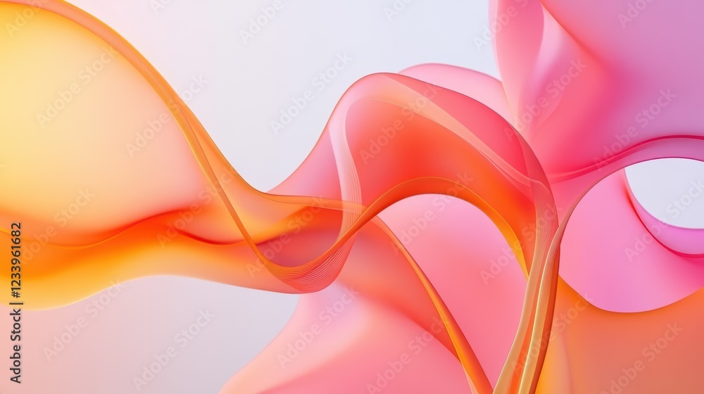 Poster Abstract design featuring transparent hot pink and orange waves with smooth curves and soft shadows on a clean, modern background.
