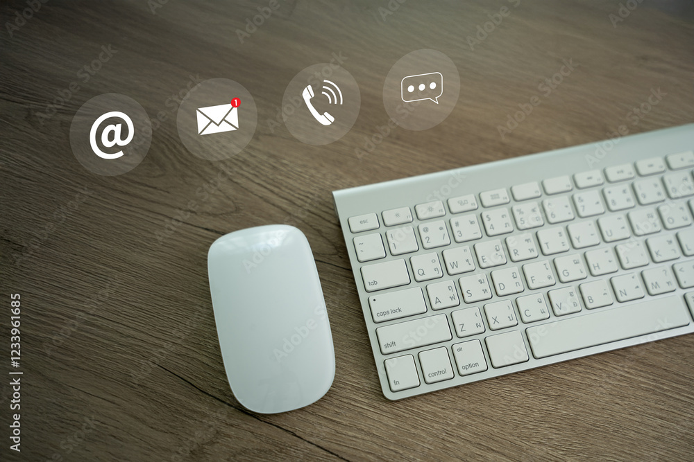 Poster contact us computer keyboard and mouse (customer support hotline people connect ) web and social net